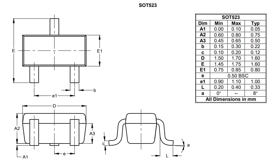 Plan mécanique - Diodes Incorporated MOSFET à canal N en mode amélioration DMN52D0LT